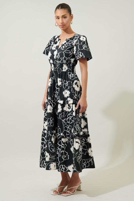 Black & White Flower Print Maxi Dress