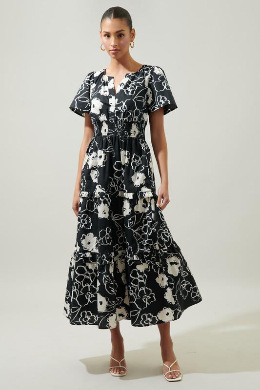 Black & White Flower Print Maxi Dress