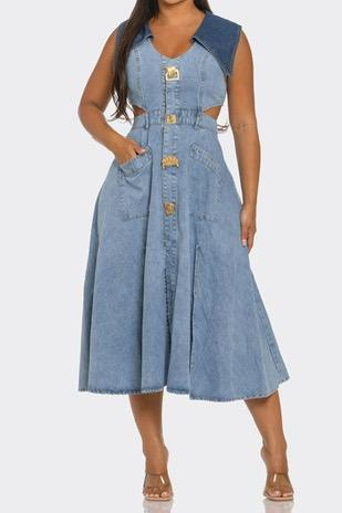 Denim White Cutout Buttom Down Midi Dress