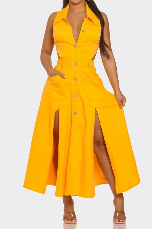 Yellow Cutout Buttom Down Dress