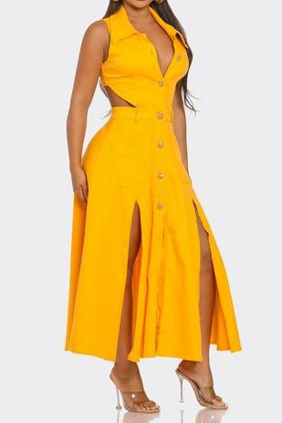 Yellow Cutout Buttom Down Dress