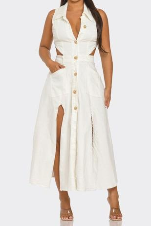 White Cutout Buttom Down Dress