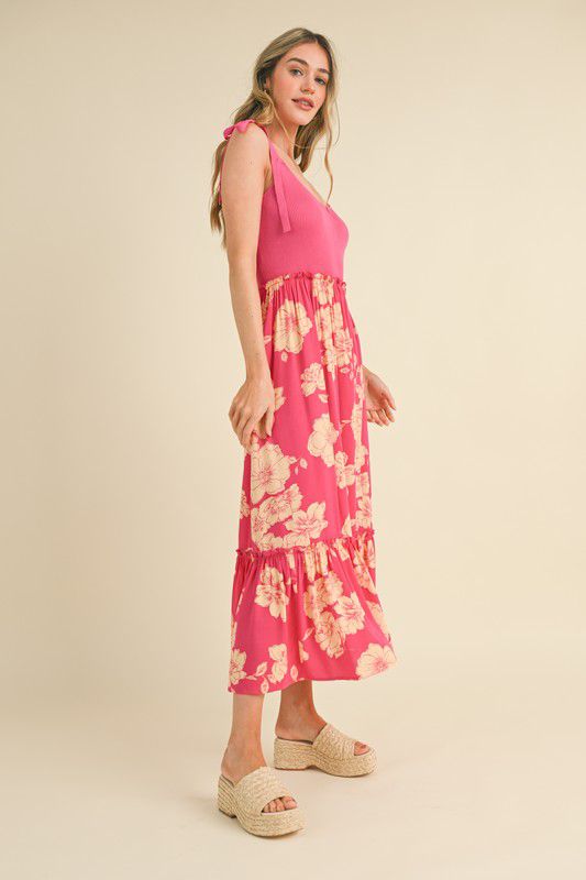 Floral Coral-Pink Mixed Texture Dress