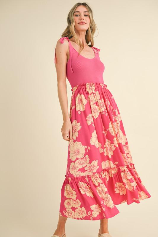 Floral Coral-Pink Mixed Texture Dress