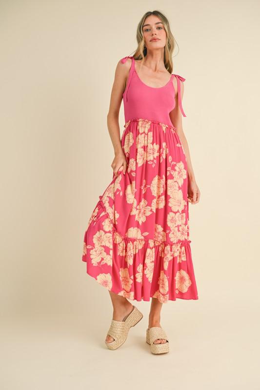 Floral Coral-Pink Mixed Texture Dress