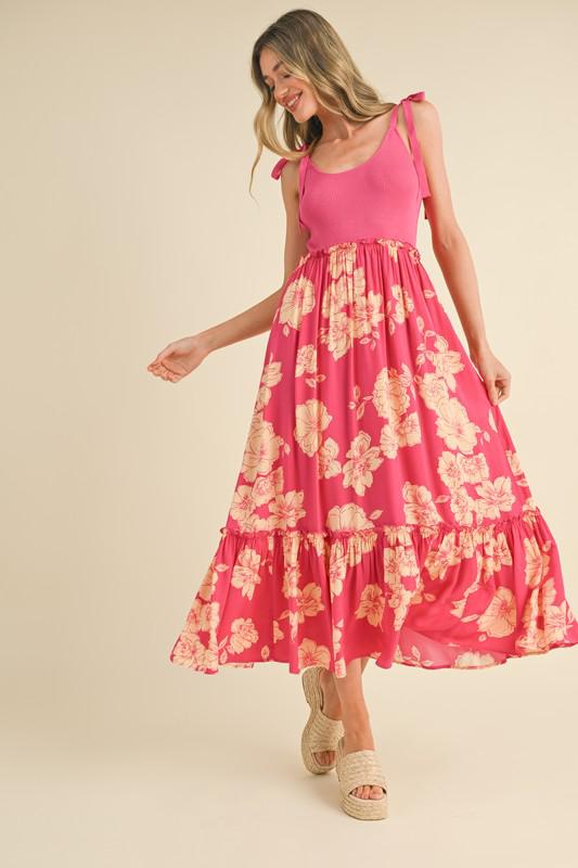 Floral Coral-Pink Mixed Texture Dress