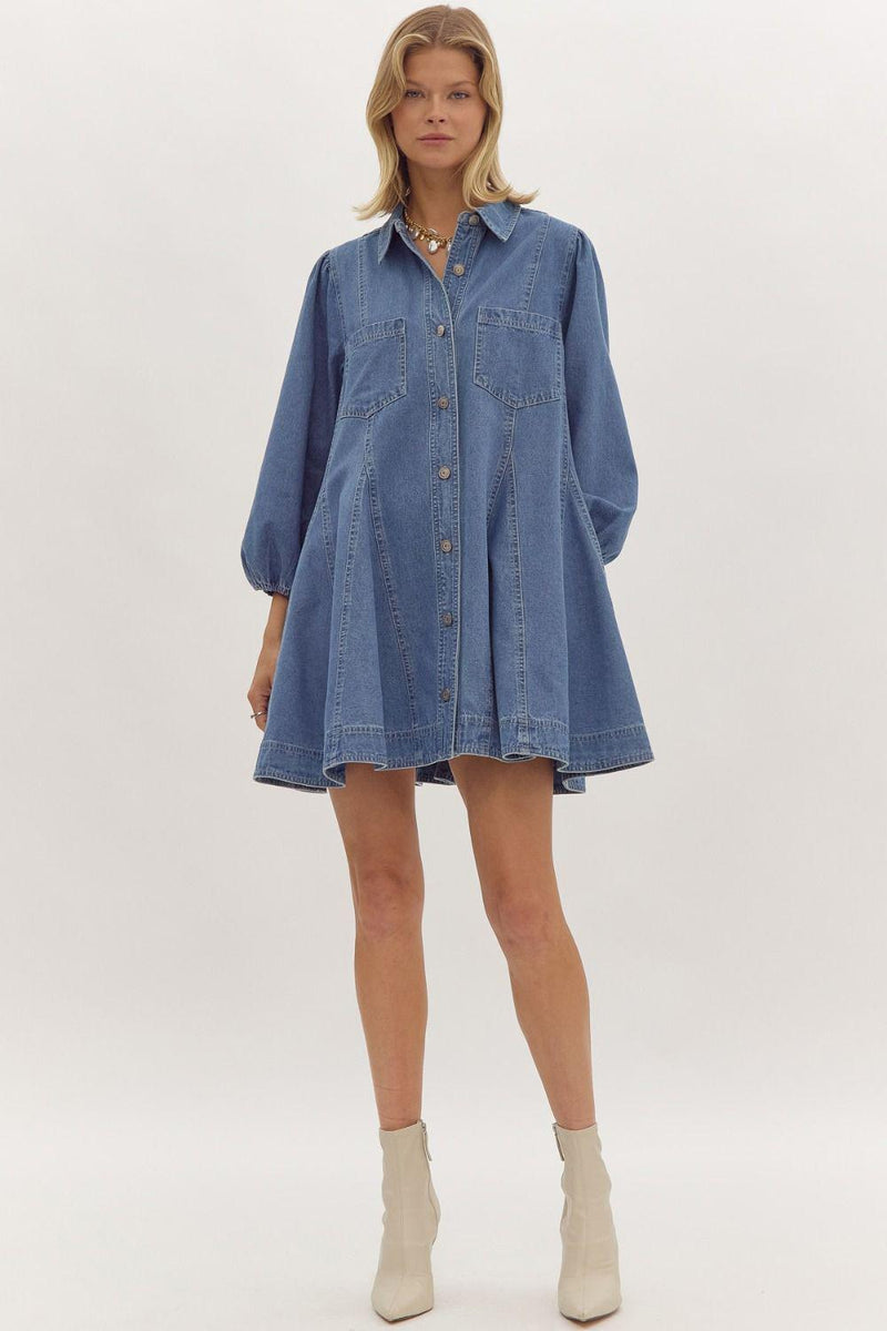 Balloon Sleeve Denim Shirtdress