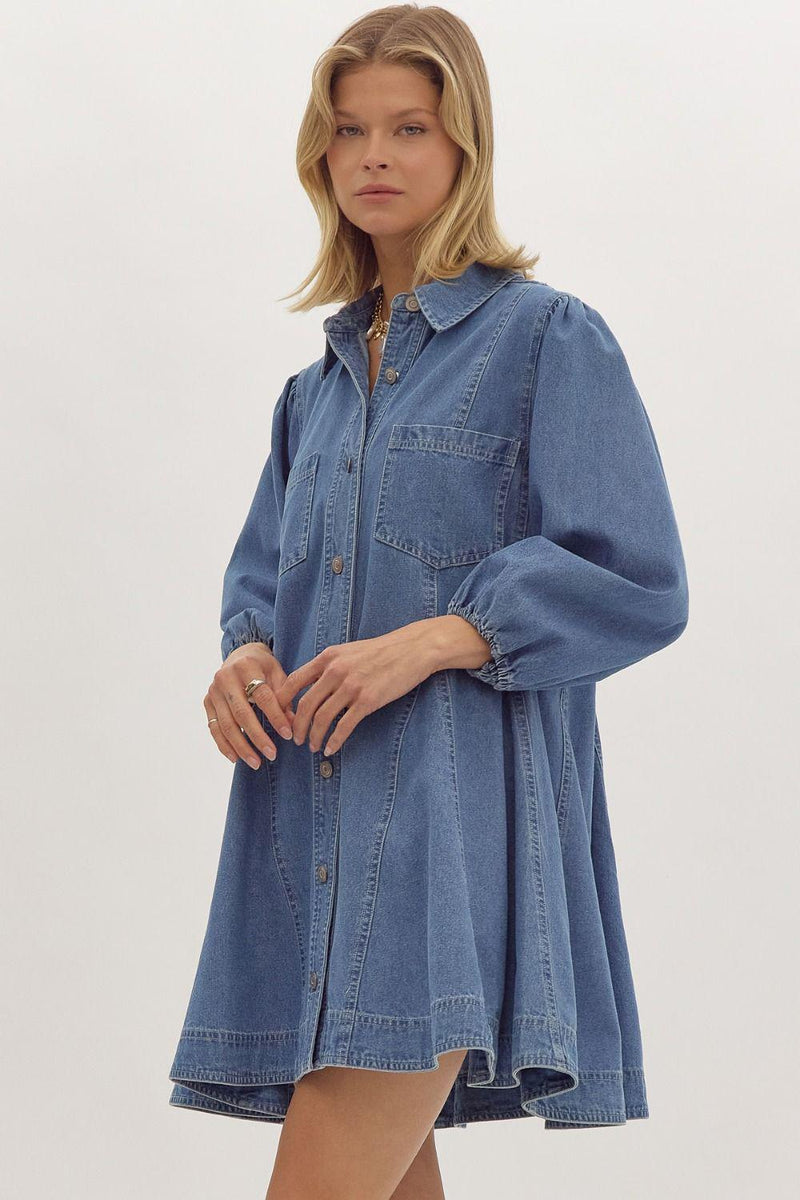 Balloon Sleeve Denim Shirtdress