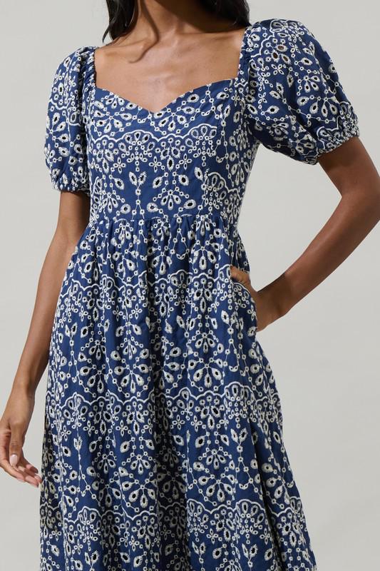 Blue Floral Smocked Midi Dress