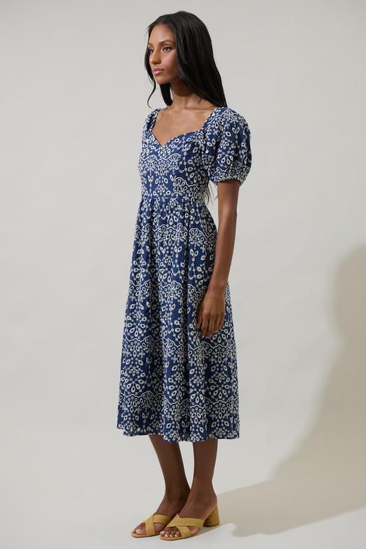 Blue Floral Smocked Midi Dress