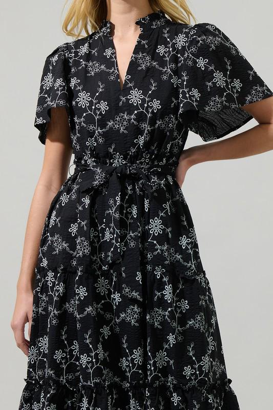 Embroidered Black Floral Ruffle Midi Dress