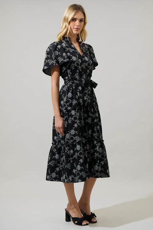 Embroidered Black Floral Ruffle Midi Dress