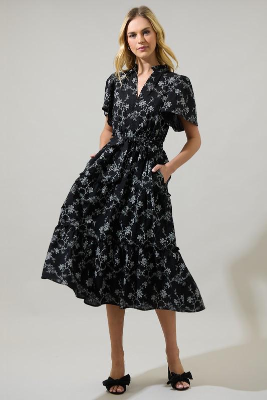 Embroidered Black Floral Ruffle Midi Dress