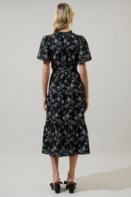 Embroidered Black Floral Ruffle Midi Dress