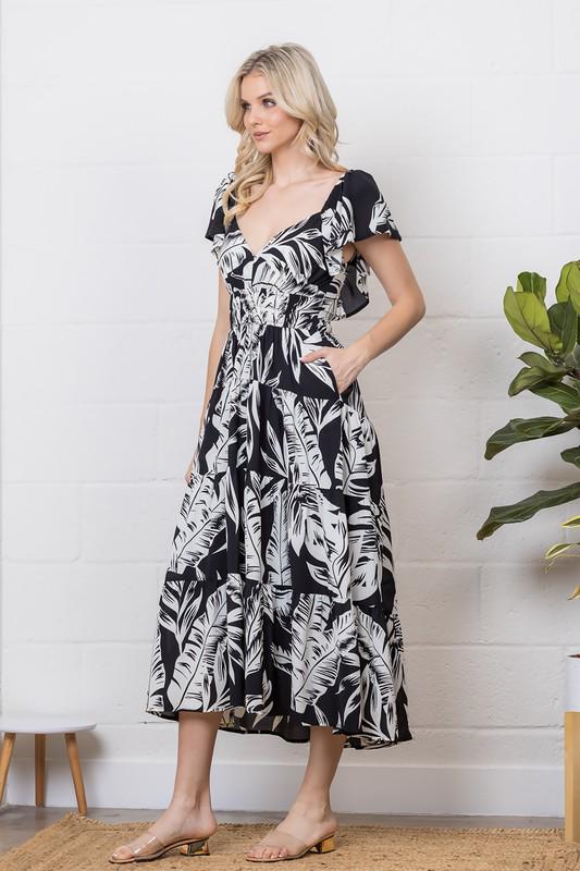 Tropical Noir Midi Dress