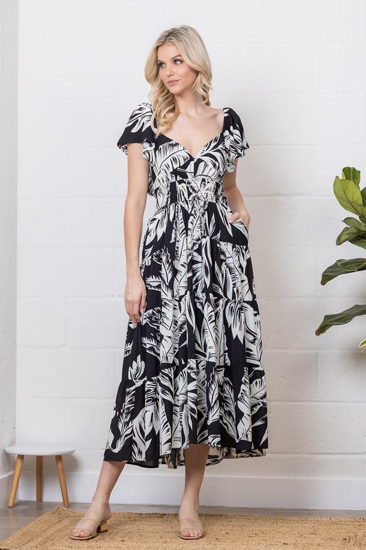 Tropical Noir Midi Dress