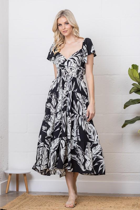 Tropical Noir Midi Dress