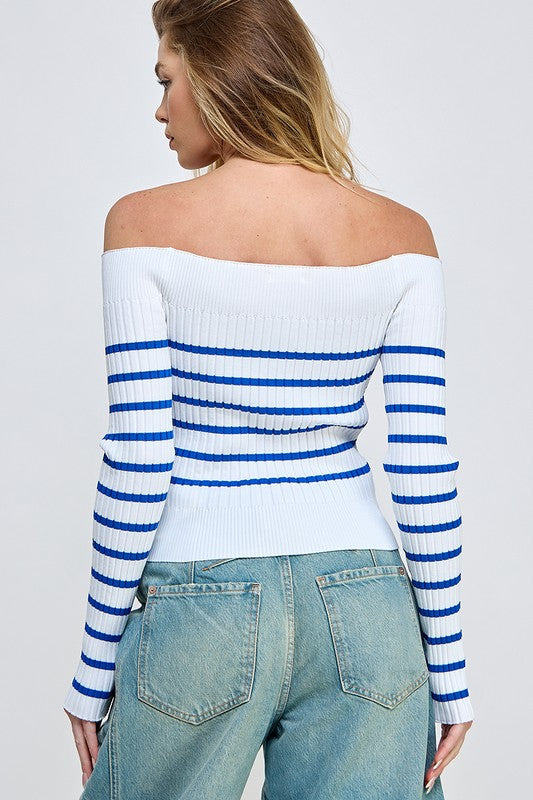 Sweater Off Shoulder White & Blue