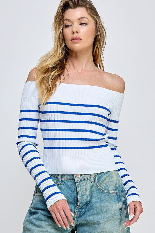Sweater Off Shoulder White & Blue