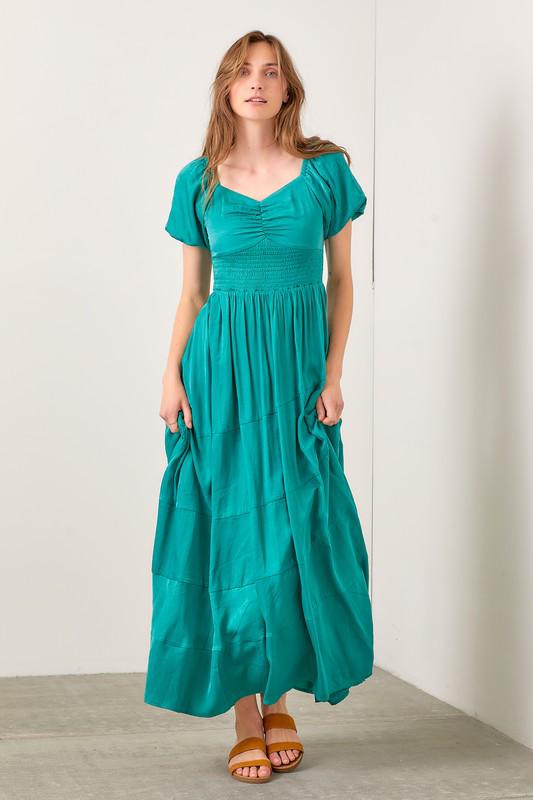 Teal-Green Off Shoulder Satin Maxi Dress