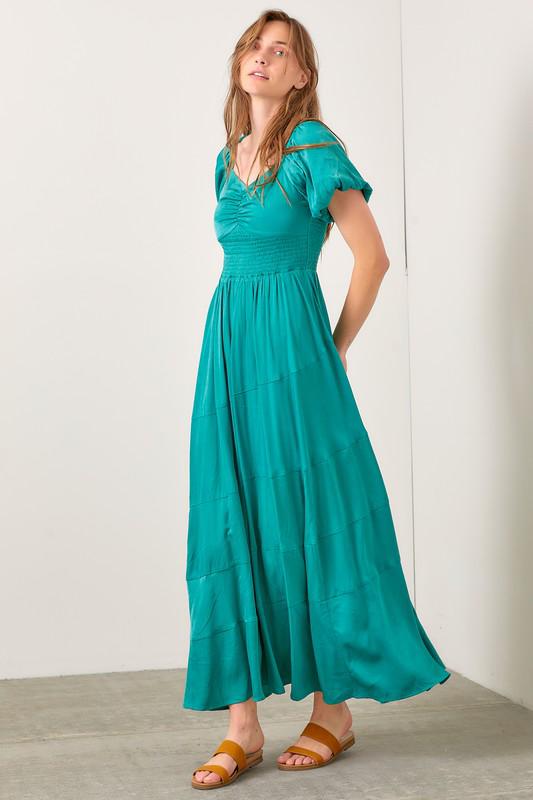 Teal-Green Off Shoulder Satin Maxi Dress