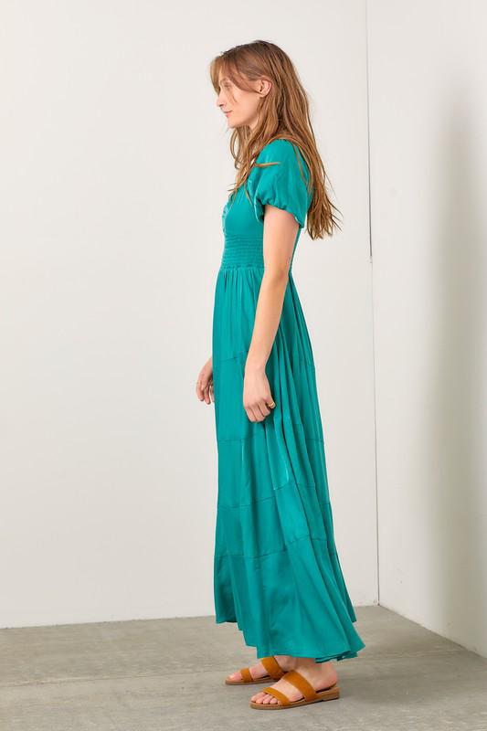 Teal-Green Off Shoulder Satin Maxi Dress