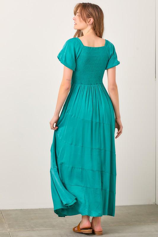 Teal-Green Off Shoulder Satin Maxi Dress