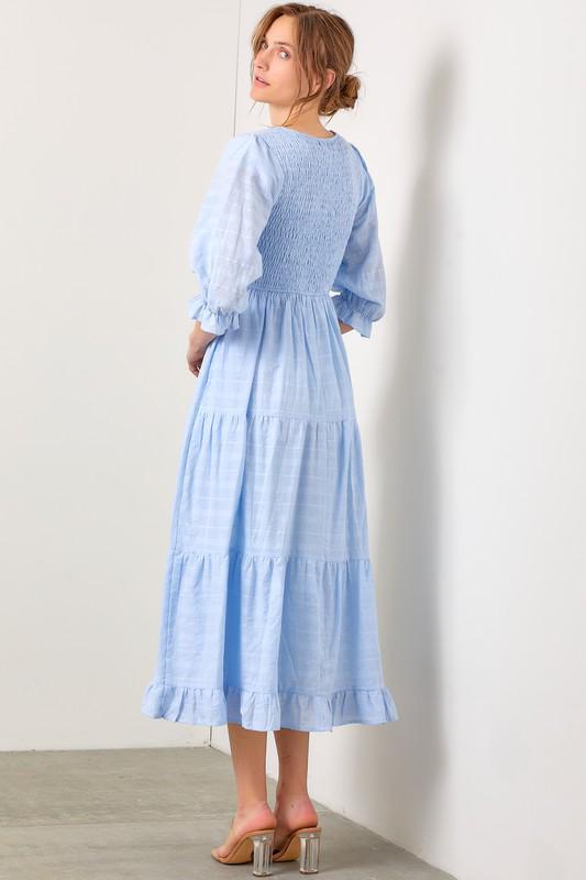 Sky Blue V Neck Smocked Maxi Dress