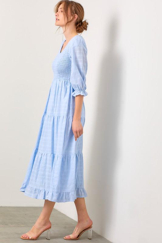 Sky Blue V Neck Smocked Maxi Dress