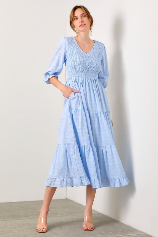 Sky Blue V Neck Smocked Maxi Dress