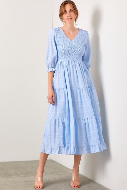 Sky Blue V Neck Smocked Maxi Dress