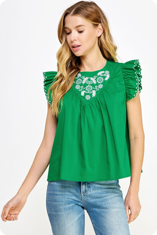 Emerald contrast embroidered eyelet sleeveless poplin top