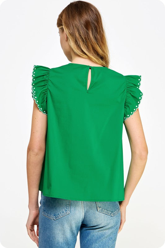 Emerald contrast embroidered eyelet sleeveless poplin top