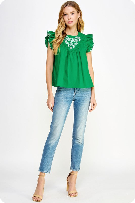 Emerald contrast embroidered eyelet sleeveless poplin top