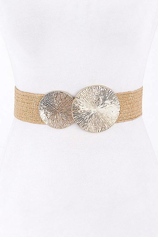 Round metal buckle stretch belt beige