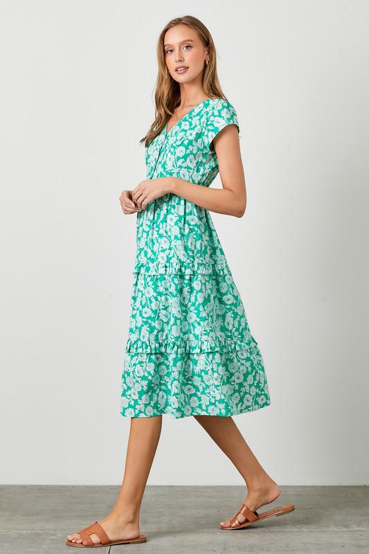 Mint Floral Tiered Midi Dress