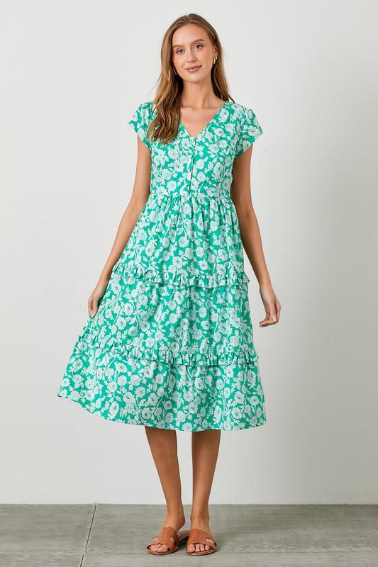 Mint Floral Tiered Midi Dress