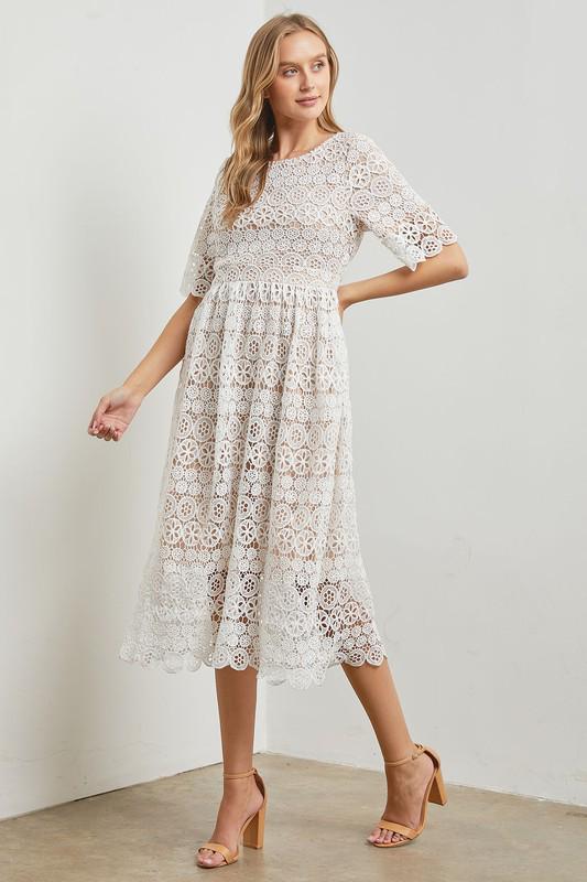 White Floral Lace Midi Dress