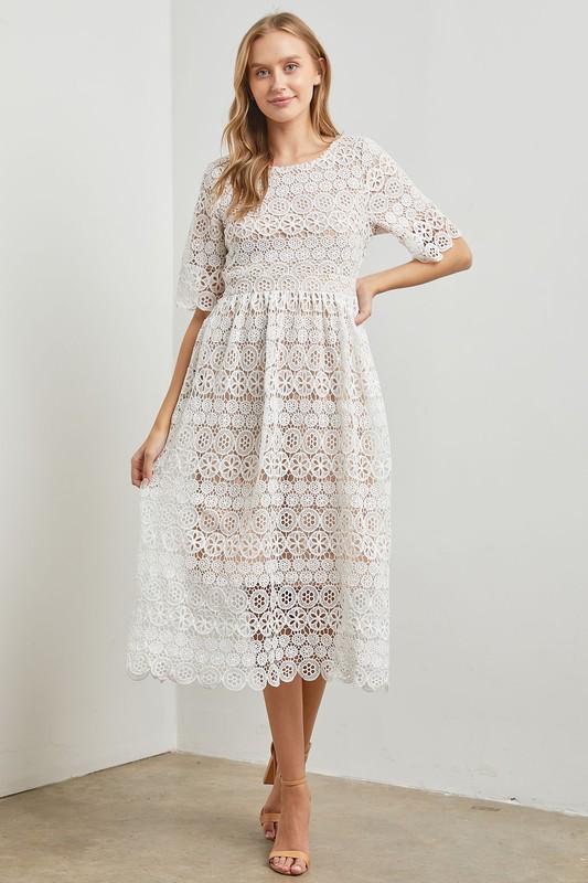 White Floral Lace Midi Dress