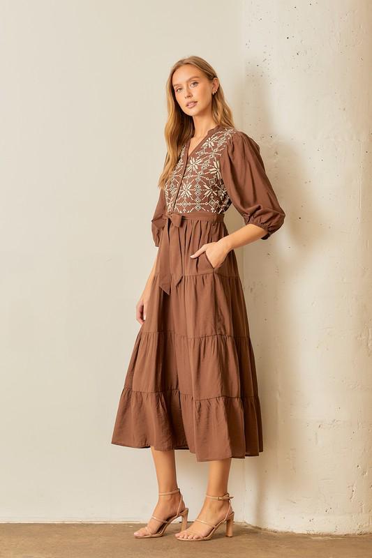 Brown Embroidered Midi Dress