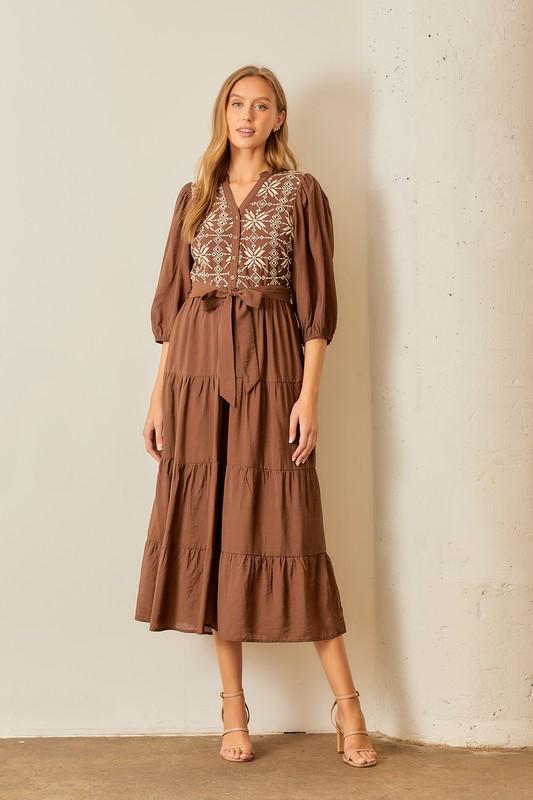 Brown Embroidered Midi Dress