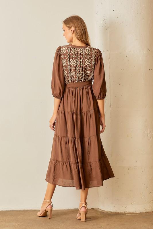 Brown Embroidered Midi Dress