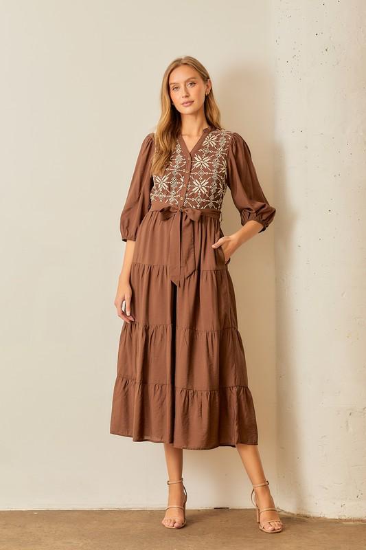 Brown Embroidered Midi Dress