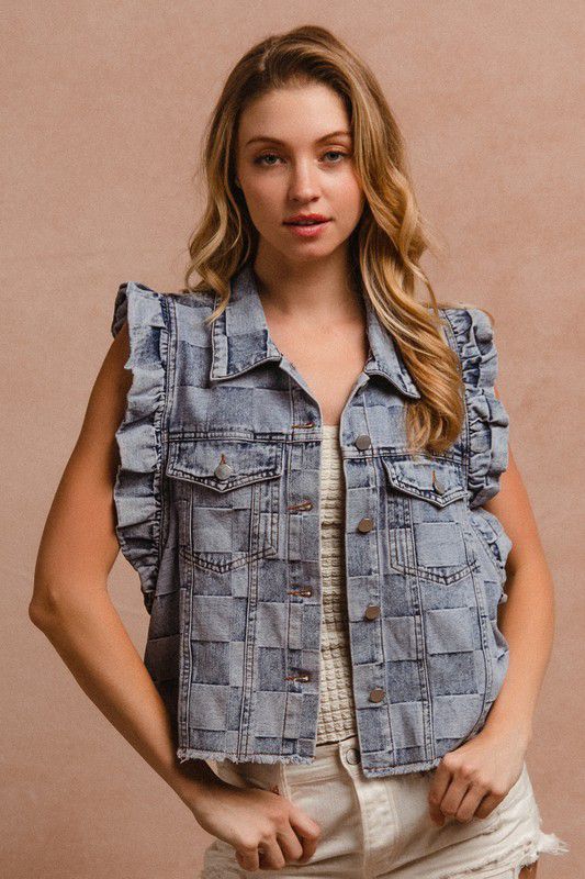 VINTAGE WASHED GINGHAM DENIM VEST