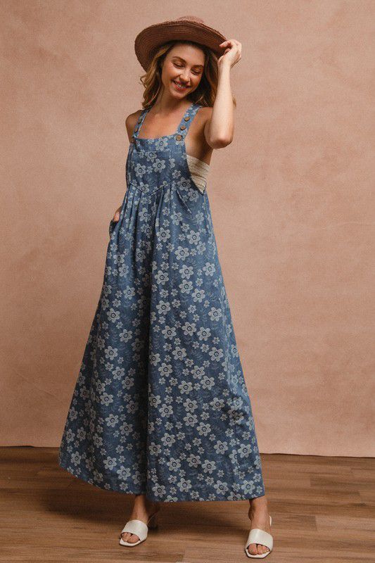 FLORAL EMBROIDERED WIDE LEG OVERALLS