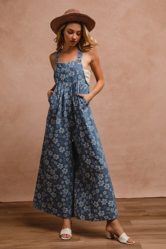 FLORAL EMBROIDERED WIDE LEG OVERALLS