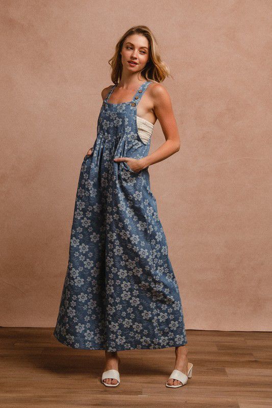 FLORAL EMBROIDERED WIDE LEG OVERALLS