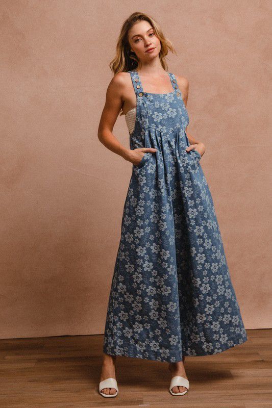 FLORAL EMBROIDERED WIDE LEG OVERALLS