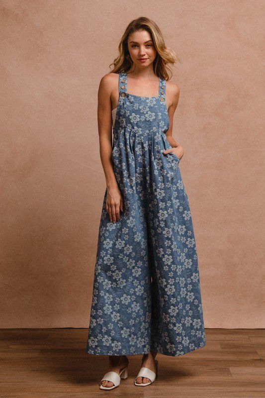 FLORAL EMBROIDERED WIDE LEG OVERALLS