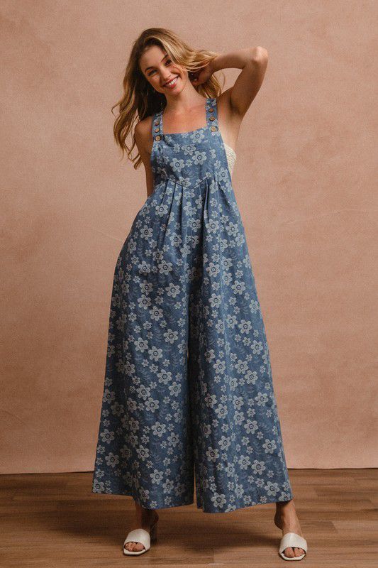 FLORAL EMBROIDERED WIDE LEG OVERALLS